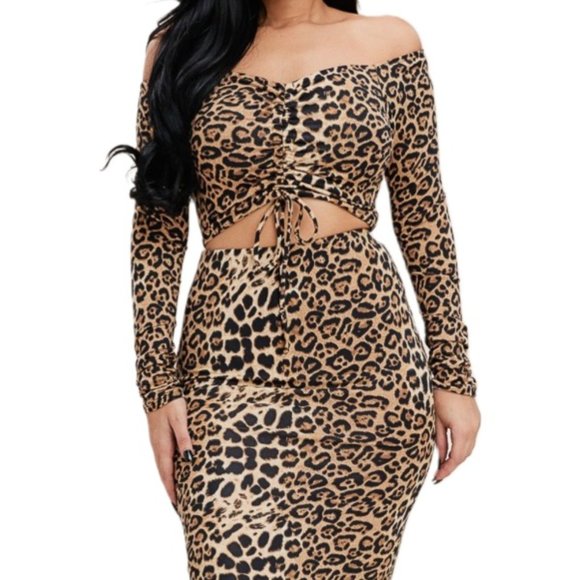 Women's Leopard Print Long Sleeve Off the Shoulder Crop Top and Midi Skirt Set - Picture 1 of 3